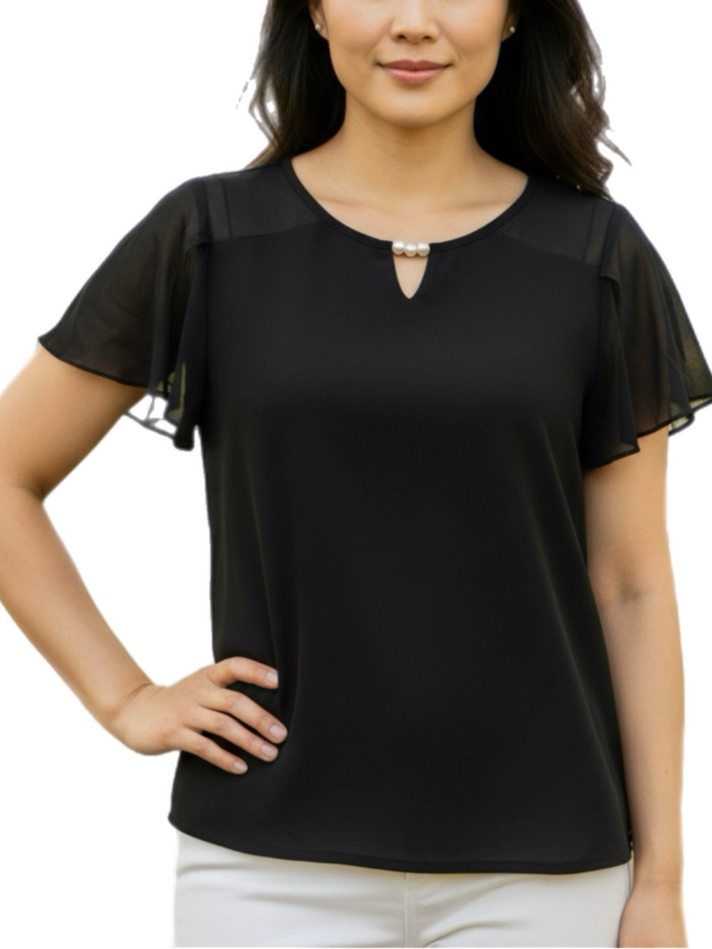 Atelier 29 |  Black Blouse with Sheer Short Flutter Sleeves & Pearl Neckline